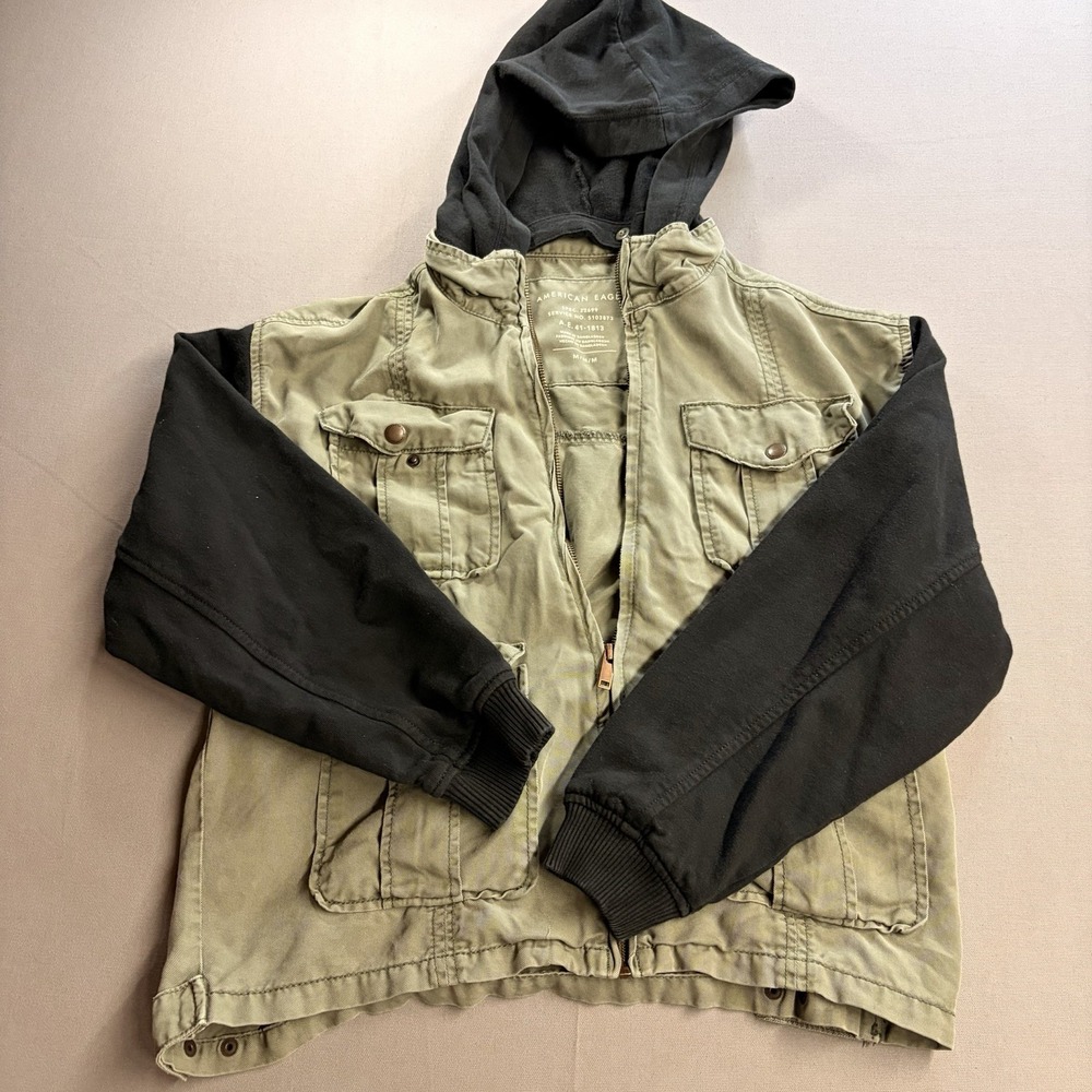American Eagle Hooded Utility Jacket Mens M Olive Black Cargo Y2K Grunge